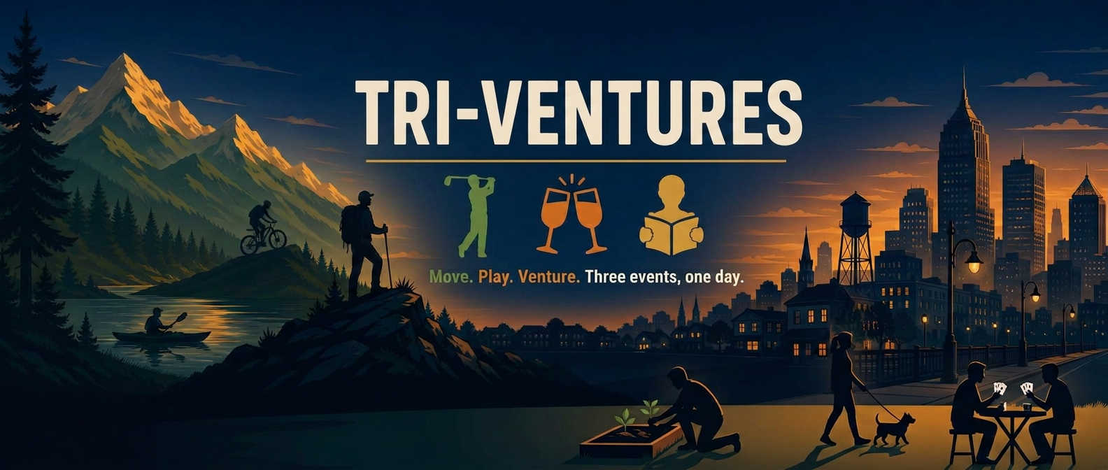 Tri-Ventures: mountains with a hiker, cyclist and kayaker transitioning into a city skyline with card game, dog walk and gardening silhouettes
